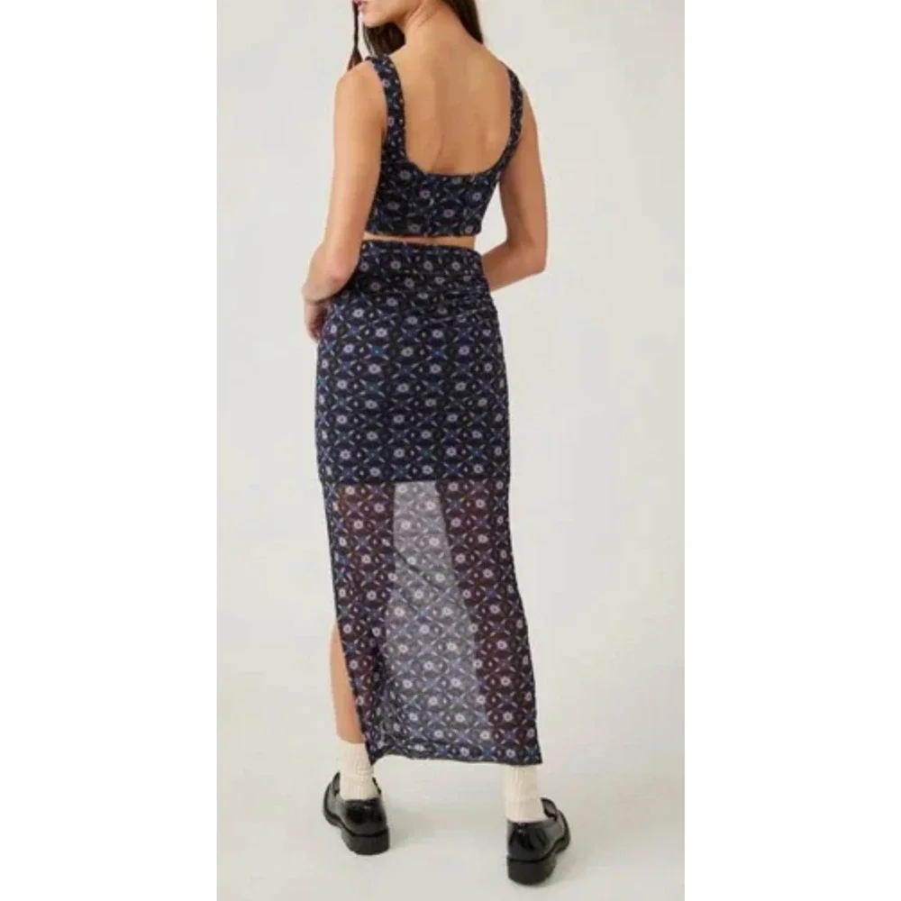 NEW FREE PEOPLE NIGHT SKY GALAXY CORSET FLORAL MESH 2 PIECE TOP SKIRT SET SZ S